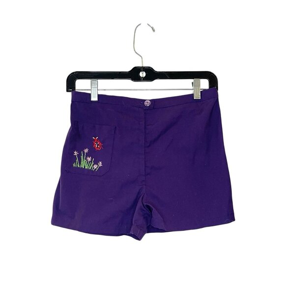 Vintage Go Go MOD Shorts Purple Floral‎ Flower Power Embroidered Ladybug Garden - Picture 1 of 3